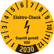 Prüfplakette Elektro- Check Geprüft...,2030, gelb, Dokumentenfolie, Ø 30mm, 18 / Bogen