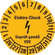 Prüfplakette Elektro- Check, VDE, 26-31, gelb, Dokumentenfolie, Ø 30mm, 500 / Rolle