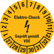 Prüfplakette Elektro- Check, VDE, 27-32, gelb, Dokumentenfolie, Ø 30mm, 108 / Heft
