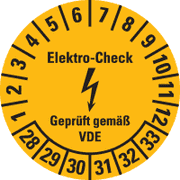 Prüfplakette Elektro- Check, VDE, 28-33, gelb, Dokumentenfolie, Ø 20mm, 500 / Rolle