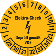 Prüfplakette Elektro- Check, VDE, 29-34, gelb, Dokumentenfolie, Ø 20mm, 500 / Rolle