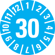 Prüfplakette 30, hellblau, Schachbrettfolie, selbstklebend, Ø 15mm, 60 / Bogen