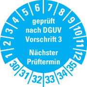 Prüfpl. Gepr.n. DGUV Vorschrift 3 30-35, hellblau, Schachbrettfolie, Ø30mm, 18 / Bogen