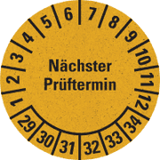 Prüfplakette Nächster Prüftermin 29-34, gelb, Primärfaser- Graspapier, Ø 30mm, 500 / RO