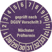 Prüfplakette gepr.n.DGUV V3, NP, 28-33, violett, Primärfaser- Graspapier, Ø30mm, 500 / RO
