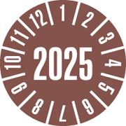 Prüfplakette 2025, braun, Schachbrettfolie, selbstklebend, Ø 30mm, 18 / Bogen
