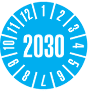 Prüfplakette 2030, hellblau, Schachbrettfolie, selbstklebend, Ø 30mm, 18 / Bogen