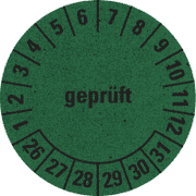 Prüfplakette geprüft 26-31, grün, Primärfaser- Graspapier, Ø 30mm, 500 / Rolle