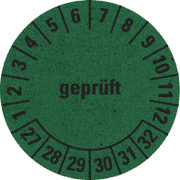 Prüfplakette geprüft 27-32, grün, Primärfaser- Graspapier, Ø 30mm, 500 / Rolle