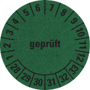 Prüfplakette geprüft 28-33, grün, Primärfaser- Graspapier, Ø 30mm, 500 / Rolle