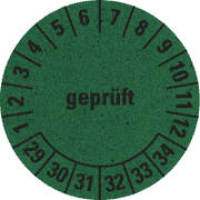 Prüfplakette geprüft 29-34, grün, Primärfaser- Graspapier, Ø 30mm, 500 / Rolle