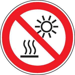 Verbotsschild Nicht dem direkten Sonnenlicht oder einer heißen Oberfläche aussetzen auss, ISO, Folie, Ø 50mm, 10 / Bogen Bild 1