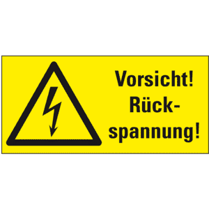 Warn-Kombischild Vorsicht! Rückspannung!, RoHS konform, Folie, selbstklebend, 52x26mm Bild 1