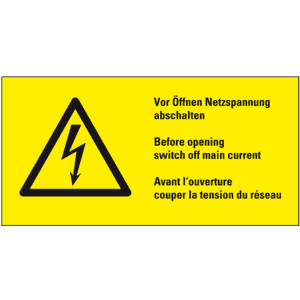 Warn-Kombischild Vor Öffnen Netzspannung abschalten, praxisbewährt, Folie, 100x50mm Bild 1