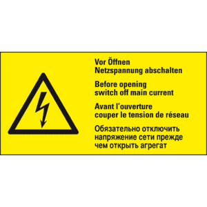 Warn-Kombischild ACHTUNG! Vor Öffnen Netzspannung, RoHS konform, 4-sprachig, Folie, 74x37mm Bild 1