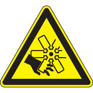 Warnschild Warnung vor bewegenden Klingen, ISO, Folie, selbstklebend, Schenkellänge 200mm Bild 1