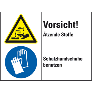 Kombischild Vorsicht! Ätzende Stoffe - Schutzhandschuhe benutzen, gemäß ISO 3864-2, Folie, 200x150mm Bild 1