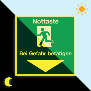 PERMALIGHT® power Rettungszeichen Nottaste bei Gefahr betätigen, DGUV, Folie, 70x70mm Bild 1