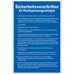 Aushang Sicherheitsvorschriften für Hochspannungsanlagen, Kunststoff, 400x600mm Bild 1