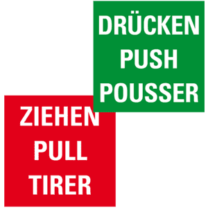 Türhinweis Drücken / Ziehen, dreisprachig, grün / rot, Folie, selbstklebend, 80 x 80mm Bild 1