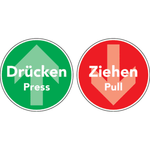 Türhinweis Drücken / Ziehen mit Pfeil, doppelseitig, DE / EN, grün / rot, Folie, Ø 100mm Bild 1