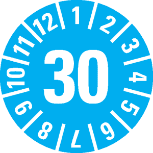Prüfplakette 30, hellblau, Dokumentenfolie mit Spezialkleber, Ø 15mm, 60 / Bogen Bild 1