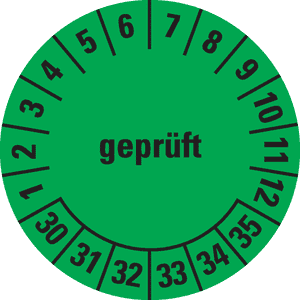 Prüfplakette geprüft 30-35, grün, Dokumentenfolie, Spezialkleber, Ø30mm, 18 / Bogen Bild 1