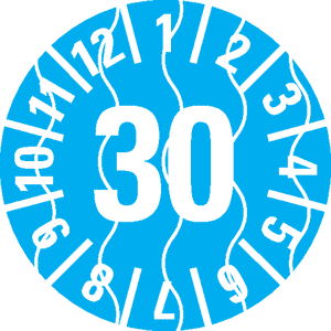 Prüfplakette 30, hellblau, Sicherheitsfolie, selbstklebend, Ø 15mm, 60 / Bogen Bild 1