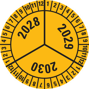 Prüfplakette 2028-2030, gelb, Dokumentenfolie, selbstklebend, Ø 40mm, 10 / Bogen Bild 1
