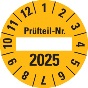 Prüfplakette 2025 Prüfteil-Nr, gelb, Folie, ablösbar, Ø 40mm, 10 / Bogen Bild 1