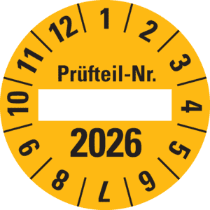 Prüfplakette 2026 Prüfteil-Nr, gelb, Folie, ablösbar, Ø 40mm, 10 / Bogen Bild 1