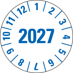 Prüfplakette 2027, weiß, Folie, mit Spezialkleber, Oberflächenschutz, Ø 25mm, 21 / Bogen Bild 1