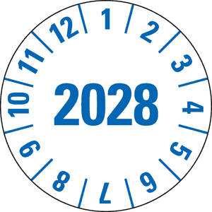 Prüfplakette 2028, weiß, Folie, mit Spezialkleber, Oberflächenschutz, Ø 25mm, 21 / Bogen Bild 1