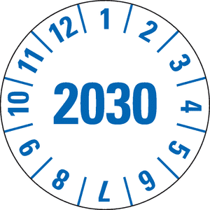 Prüfplakette 2030, weiß, Folie, mit Spezialkleber, Oberflächenschutz, Ø 35mm, 10 / Bogen Bild 1
