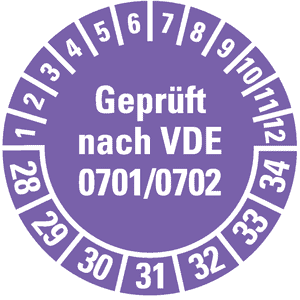 Prüfplakette geprüft nach VDE 0701,28-34, violett, Dokumentenfolie, Ø30mm, 500/Rolle Bild 1