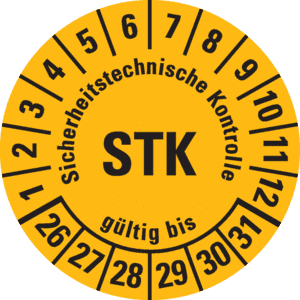 Prüfplakette STK 26-31, gelb, Folie, m.Spezialkl.Oberflächenschutz, Ø30mm, 18 / Bogen Bild 1