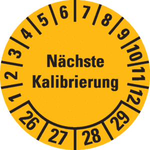 Prüfplakette Nächste Kalibrierung 26-29, gelb, Dokumentenfolie, Ø 20mm, 36 / Bogen Bild 1