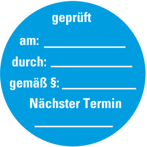 Prüfplakette, geprüft am durch gem.§ Nächster Prüftermin, hellblau, Dokumentenfolie, Ø 30mm, 18 / Bogen Bild 1