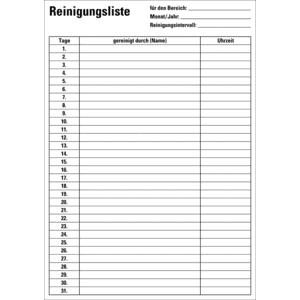 Reinigungsliste, zum Nachweis vorgegebener Reinigungen, Papier, 210x297mm, 12 / Verpackungseinheit Bild 1