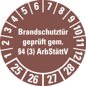 Prüfplakette Brandschutztür 25-28, braun, Dokumentenfolie, Ø 30mm, 18 / Bogen Bild 1