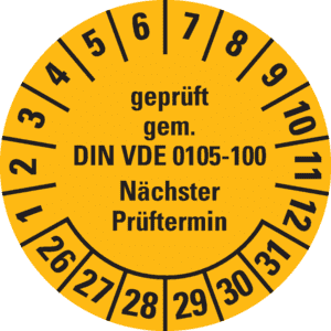 Prüfplakette geprüft gemäß VDE 0105-100,26-31, gelb, Dokumentenfolie, Ø 30mm, 18 / Bogen Bild 1