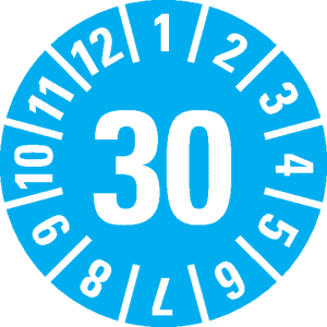 Prüfplakette 30, hellblau, Schachbrettfolie, selbstklebend, Ø 15mm, 60 / Bogen Bild 1