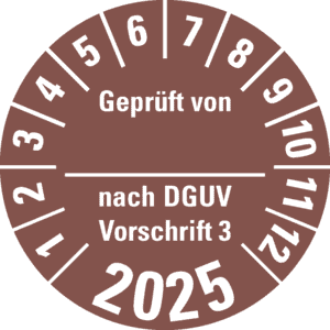 Prüfplakette Geprüft von nach DGUV 3,2025, braun, Dokumentenfolie, Ø 30mm, 18 / Bogen Bild 1