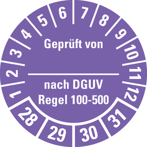 Prüfplakette Geprüft von DGUV Regel 100-500 28-31, violett, Dokumentenfolie, Ø30mm, 18 / Bogen Bild 1