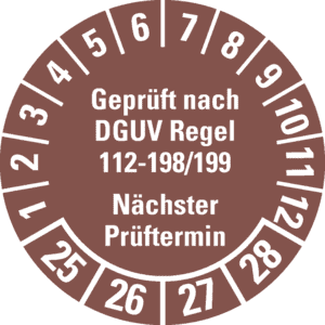 Prüfplakette Geprüft nach DGUV 112-198/199 25-28, braun, Ø 30mm, 18 / Bogen Bild 1
