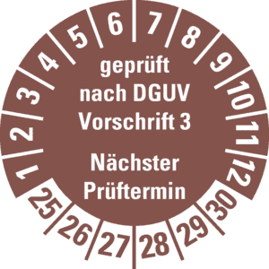 Prüfplakette geprüft nach DGUV Vorschrift 3 25-30, braun, Schachbrettfolie, Ø30mm, 18 / Bogen Bild 1
