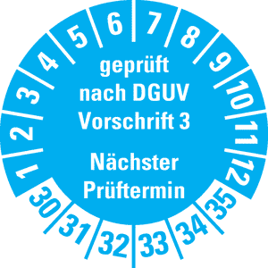 Prüfplakette geprüft nach DGUV Vorschrift 3 30-35, hellblau, Schachbrettfolie, Ø30mm, 18 / Bogen Bild 1