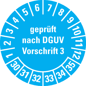 Prüfplakette geprüft nach DGUV Vorschrift 3 30-35, hellblau, Dokumentenfolie, Ø 20mm, 36 / Bogen Bild 1
