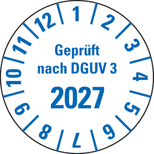Prüfplakette geprüft nach DGUV Vorschrift 3 2027, weiß, Folie, mit Spezialkleber, Ø25mm, 21 / Bogen Bild 1