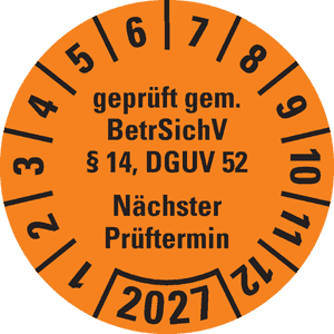 Prüfplakette BetrSichV §14, DGUV52, Nächster Prüftermin, 2027, orange, Folie, Spezialkleber, Ø30mm, 18 / Bogen Bild 1